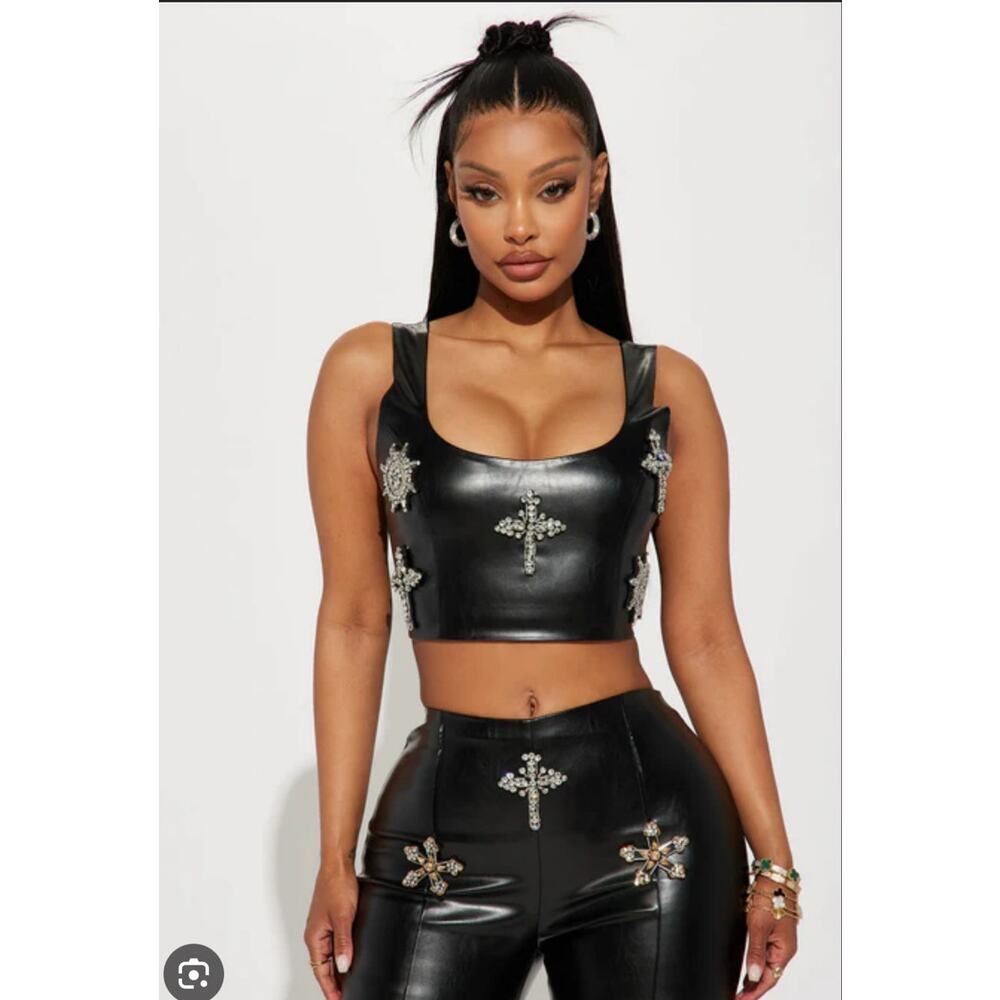 Pre-Loved - Fashion Nova Vegan Leather Crop Cystals, Side Zip - Small